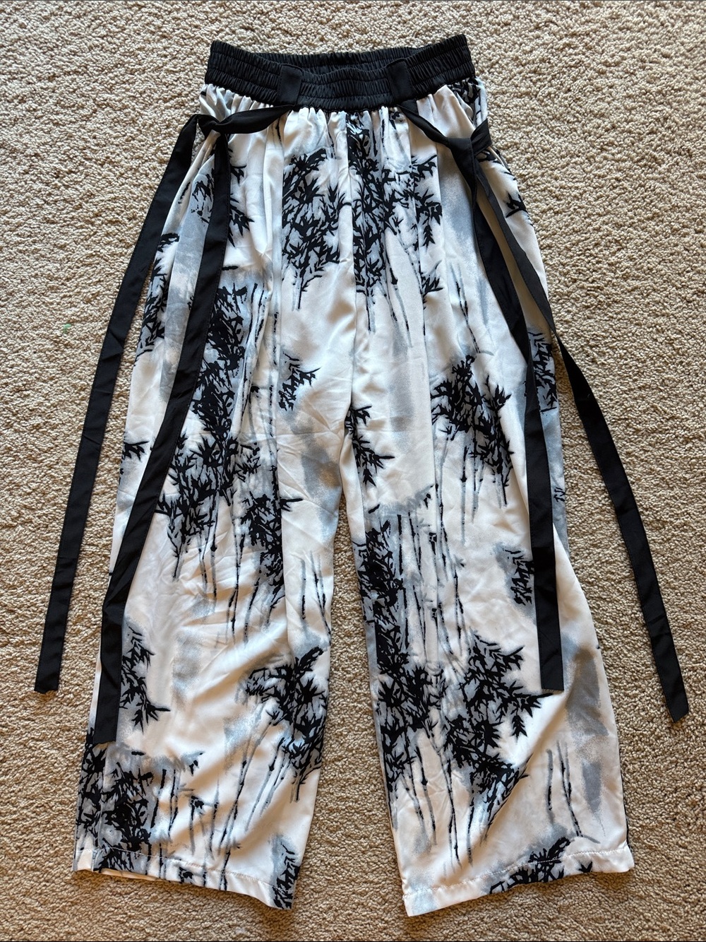 Women’s Wide Leg Chiffon Pants - Bamboo Print in Black & White & Ribbon Detail